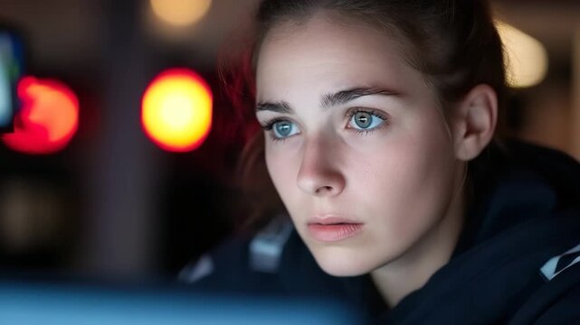 A female emergency call operator handles multiple calls during a busy night. She listens carefully and responds to urgent situations. Her focus is essential for ensuring help is sent quickly