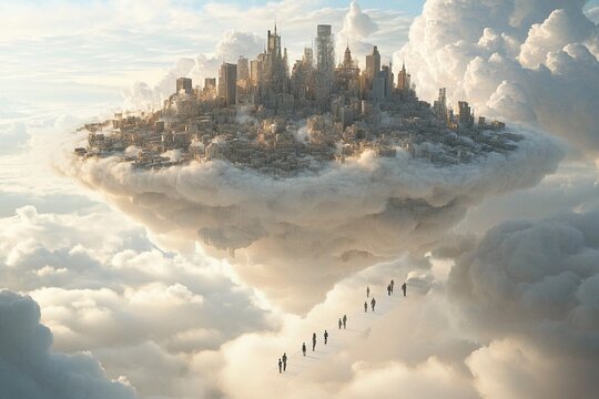 Floating city in clouds with people walking on pathways above the ground