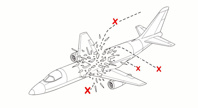 airplane crash illustration showing catastrophic mid-air explosion and fuselage breaking apart depicting an aviation disaster