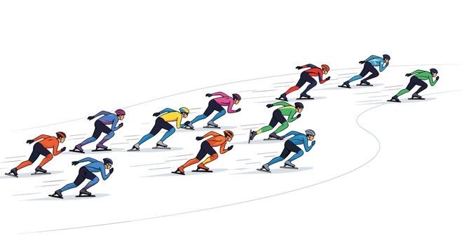 Twelve speed skaters in colorful suits race on a curved ice track against a white background.