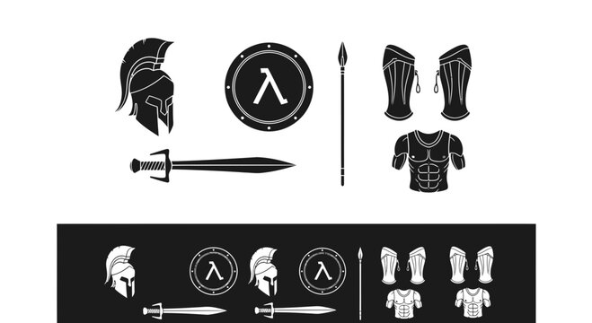 Spartan Warrior Armor and Weaponry Silhouette Icons Set