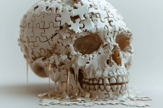 Melting puzzle skull with dripping pieces resembling flowing water