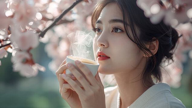 桜の木の下で熱いコーヒーを飲み春の風の冷たさに目覚めるような風景