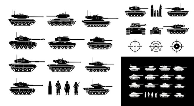 Set of Military Tank Silhouettes and Combat Vehicle Icons