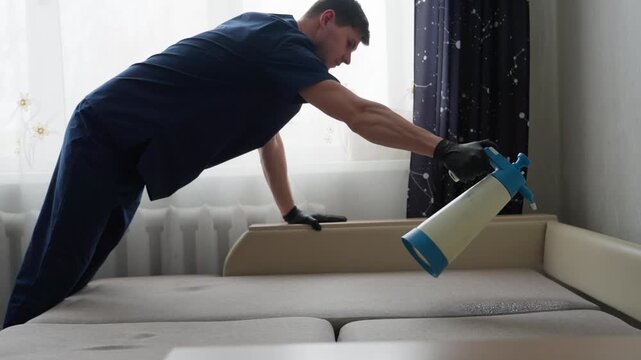 White Man Leaning Across Sofa To Spray Cushions, Systematic Coverage Of Fabric, Measured Strokes, Black Uniform, Daylight Window, Focus On Even Product Distribution For Deep Cleaning And Deodorizing