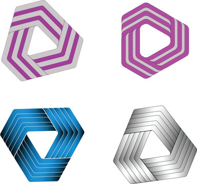 Abstract impossible triangle shape with pink and grey stripes optical illusion design element.