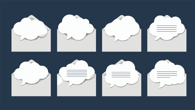 Collection of eight gray mail envelopes each with an empty white cloud chat bubble for communication and messaging icons.