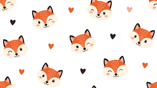 Seamless background pattern featuring adorable orange fox faces with various expressions and small brown hearts on white.