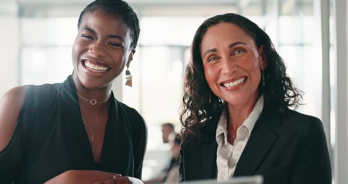 Women, face and team in office with pov, talk or happy with tablet for meeting at finance company. People, advisor and broker with smile, tech and welcome for job opportunity at investment agency
