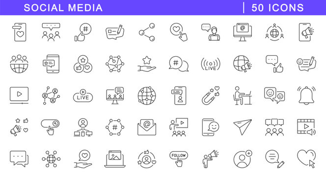 Social media icon set. Social network icons in line style. Editable web icons website, posting, online community, target audience, content, blog, business marketing, influencer etc.