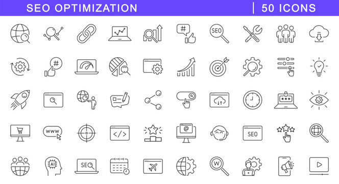 SEO icon set. Search Engine Optimization icons in line style. Editable web icons optimization, business, traffic, marketing, ranking and keyword etc. Vector illustration.