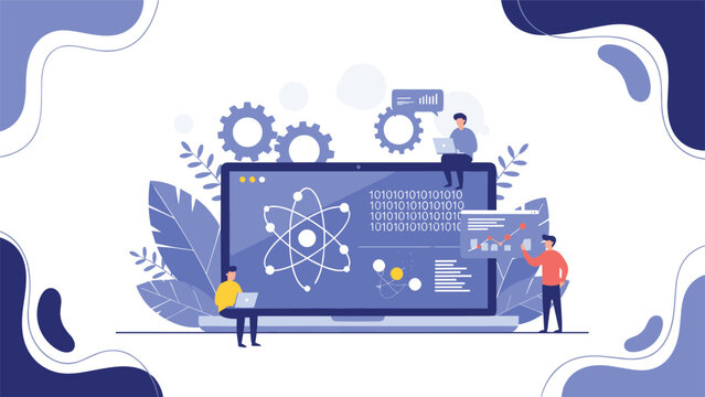 Scientists and engineers work on a large laptop with atomic icons and gears to develop new technology and research data.