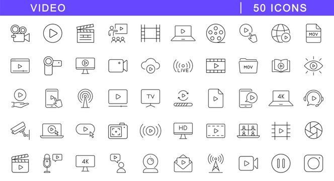 Video icon set. Video icons in line style. Editable web icons media, camera, player, pause, live, play, production, movie, cinema and online video. Vector illustration.
