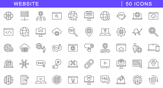 Website icon set. Website icons in line style. Editable web icons internet, content, blog, web design, SEO, server, hosting, homepage, marketing, e-commerce etc. Vector illustration.