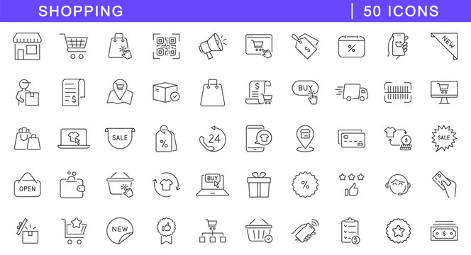 Shopping icon set. E-commerce icons in line style. Editable web icons shop, cart, delivery, buy, product, online shopping etc. Vector illustration.