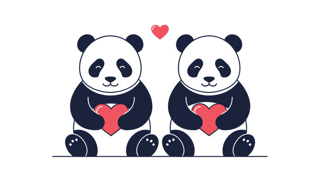 Two adorable pandas sit together holding bright red hearts expressing love and affection in a cute and charming cartoon style.
