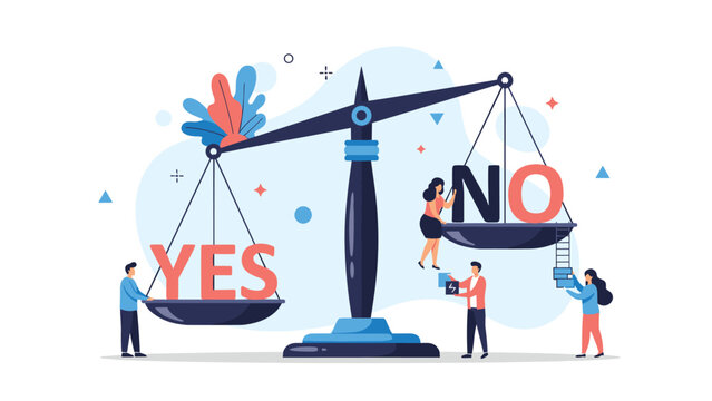 Diverse people work together to weigh the words yes and no on a giant balance scale to make an important collective decision.