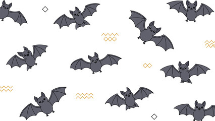 Obraz premium Seamless pattern of cute gray cartoon bats with wings and big ears flying across a white background with geometric gold ornaments.