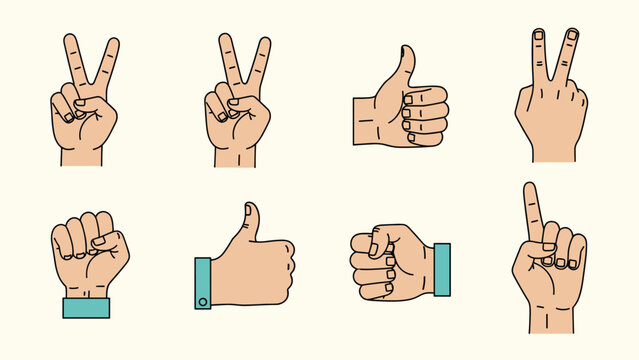 Collection of eight common hand gestures including peace sign, thumbs up, fist, and pointing finger for non verbal communication.