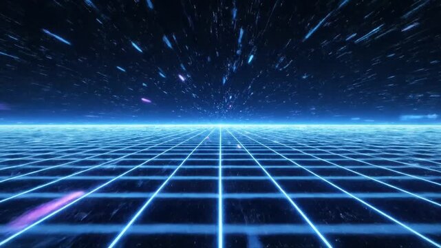 Futuristic grid with neon blue lines.