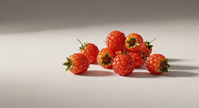A small cluster of vibrant orange-red salmonberries with tiny green stems on a neutral backdrop.