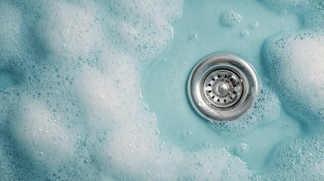 Close-up of a sink drain surrounded by blue soap bubbles and foam in a cleaning or washing context.