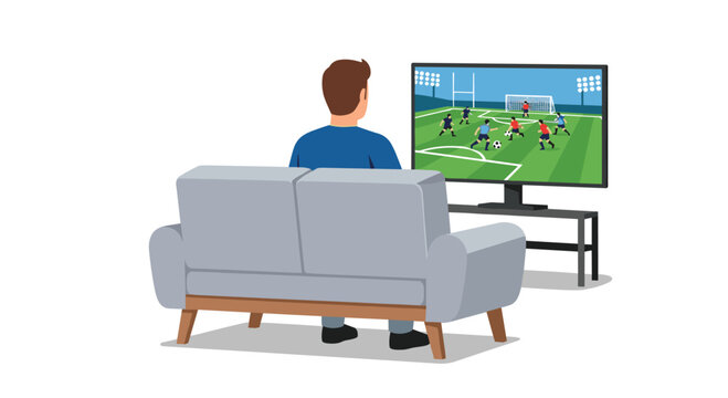An illustrated person sits on a grey sofa watching a soccer game on a TV with a dark stand against a plain white background.