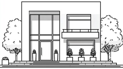 Fototapeta premium Contemporary dwelling facade features large windows and surrounding landscaping elements