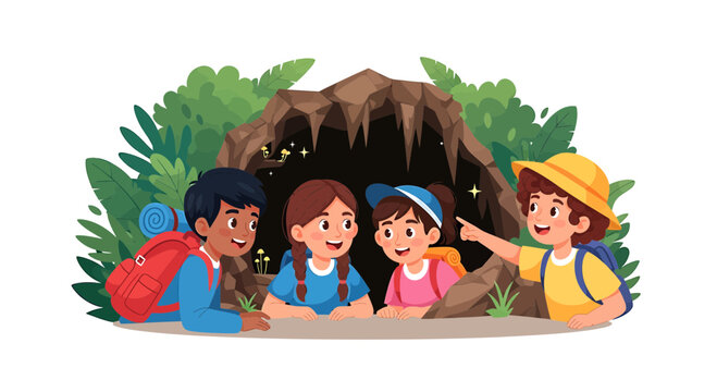 Children exploring cave, kids adventure, cartoon illustration, educational excursion