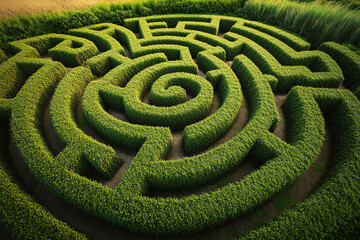 Naklejka premium Intricate stone labyrinth nestled among greenery invites exploration and curiosity on a sunny day
