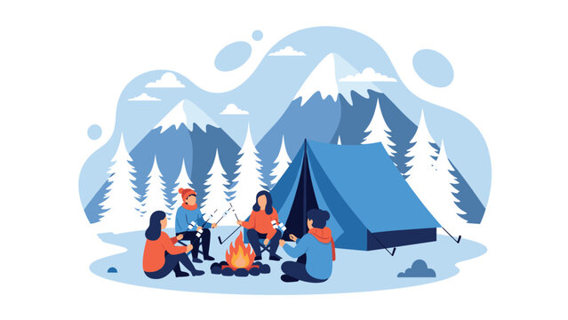 Group of friends camping and roasting marshmallows around a campfire in a snowy winter mountain landscape scene.