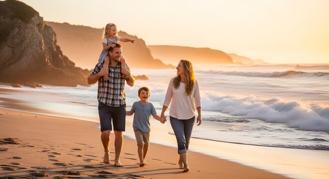 Una pareja blanca adulta media caminando por la playa en unas vacaciones familiares llevando a sus hijos, de longitud completa