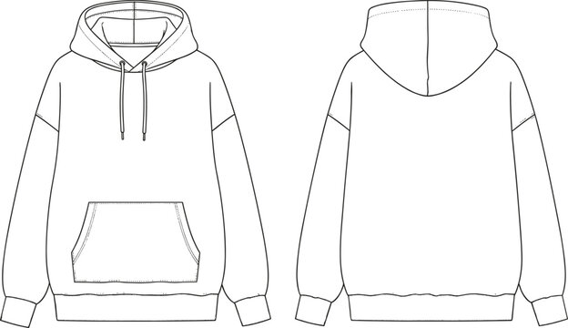 Oversized Hoodie Technical Sketch Front and Back View Vector Illustration for Fashion Design Apparel Template Sweatshirt Mockup and Garment Development