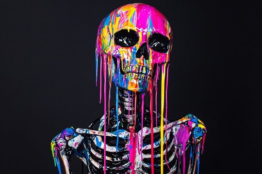 Vibrant skeletal form with skull painted in bright colors and dripping paint accents
