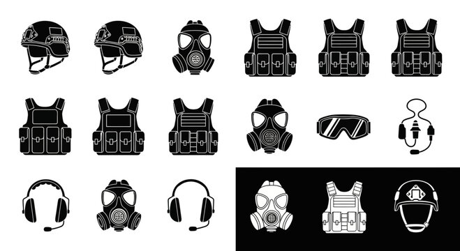 Military Tactical Gear and Protective Equipment Icon Set
