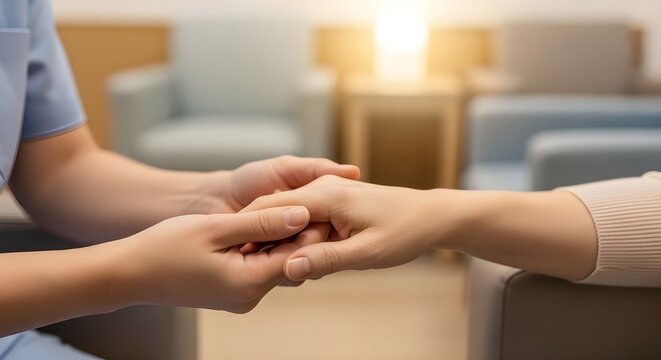 Enfermera cogida de la mano del paciente con empat&iacute;a, confianza y apoyo de ayuda, asesoramiento y consultor&iacute;a sanitaria.
 Amabilidad, asesoramiento y terapia m&eacute;dica con el m&eacute;dico para la esperanza, la