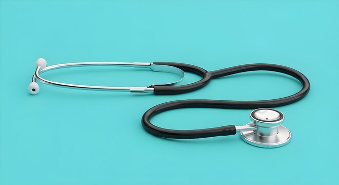 Estetoscopio azul sobre fondo verde.
 Copiar espacio para texto.
 render 3d