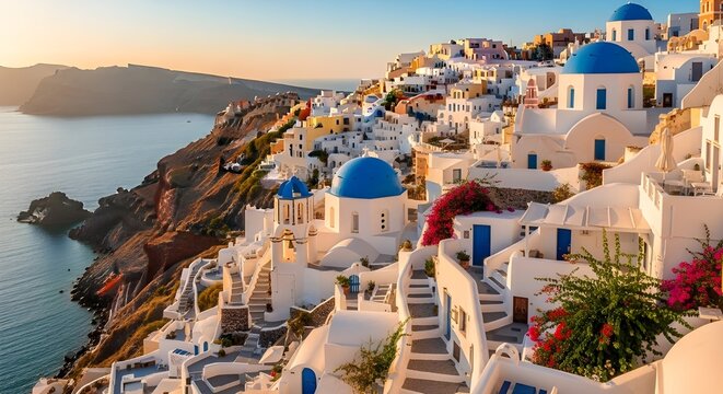 Hermosa vista de las iglesias en el pueblo de Oia, isla de Santorini en Grecia al atardecer, con un cielo espectacular.