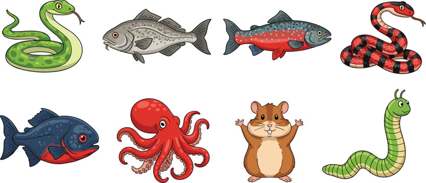 Collection of cute cartoon animal vector illustrations including green snake red octopus brown hamster colorful fish species coral snake and a caterpillar,