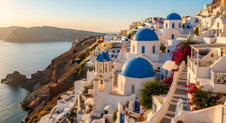 Fototapeta premium Hermosa vista de las iglesias en el pueblo de Oia, isla de Santorini en Grecia al atardecer, con un cielo espectacular.