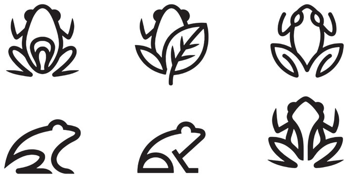 Set of stylized frog icons and symbols in a minimalist line art style.