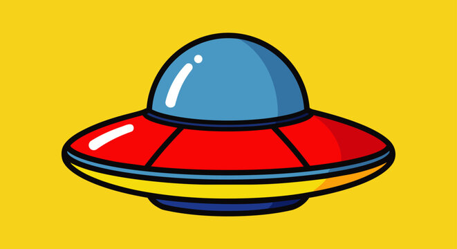 ufo spaceship flying saucer alien cartoon illustration floating on a vibrant yellow background great for sci-fi kids themes.