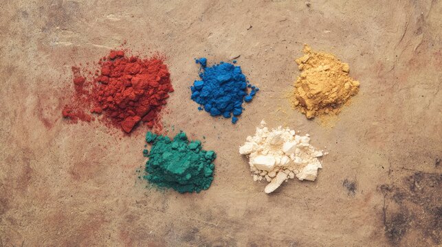 Traditional mineral pigment powders for dancheong arranged on a textured stone palette with vibrant natural colors. event programs, cultural materials, designed for heritage art presentations