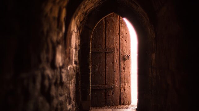 Heavy weathered wooden castle door closing slowly, cutting off final sliver of dramatic side light. real-estate listings.