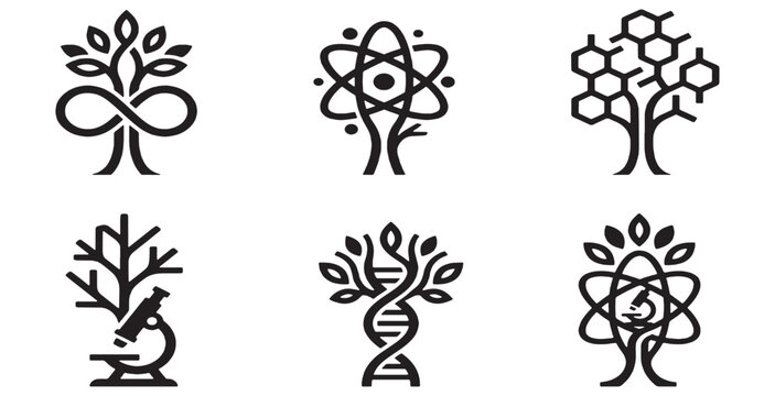 Set of stylized trees representing science and nature.