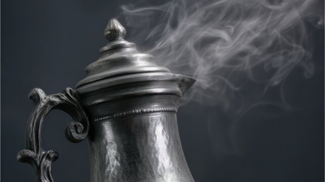 Close-up of an antique pewter flagon with hammered texture and rising vapor. bar promotions, beverage menus, designed for product packaging and bar promotions.