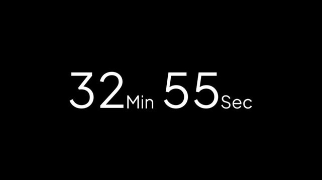 33 minute countdown timer animation from 33 to 32 minute, digital countdown timer transparent background. 33 minute countdown timer animation