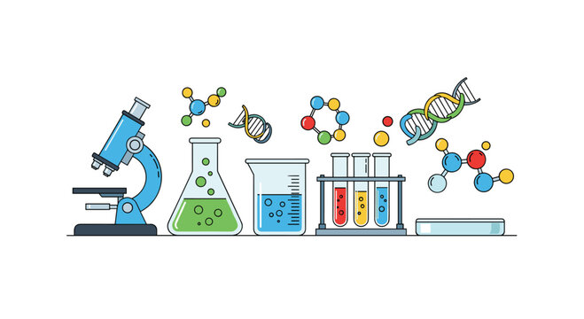 Various laboratory glassware and a microscope are arranged with floating molecular structures and DNA on a white background.