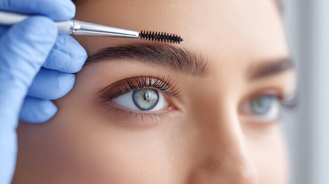 Esthetician combing eyebrow of young woman with spooly brush in salon. Professional brow lamination and tinting procedure. Cosmetic treatment for facial care and attractive look.