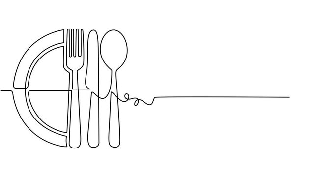 plate, knife and fork continuous one line drawing animation, Self drawing animation of one continuous line plate, knife and fork. 4K video animation with alpha channel, Plate, knife and fork